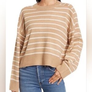 T Tahari Beige and White Striped Crew Neck Sweater